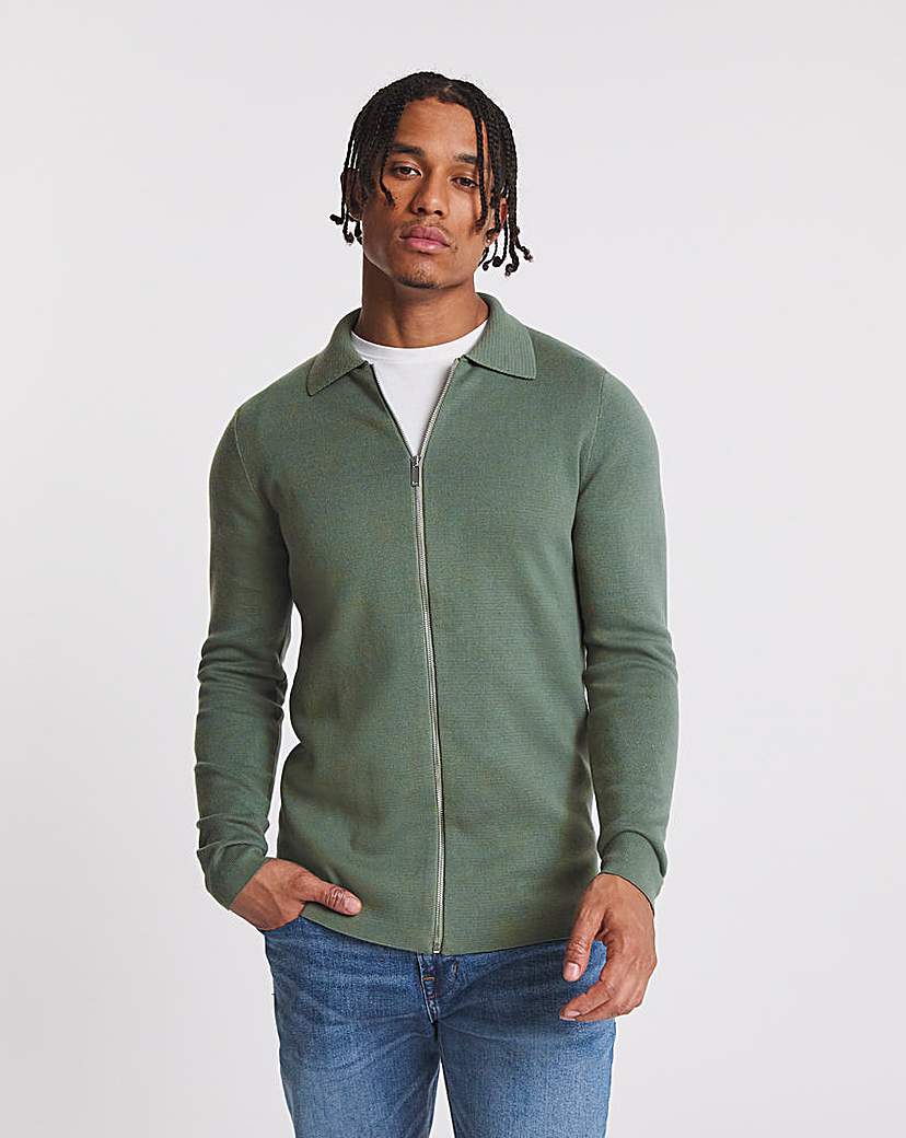 Green Cotton Knitted Zip Through Shirt