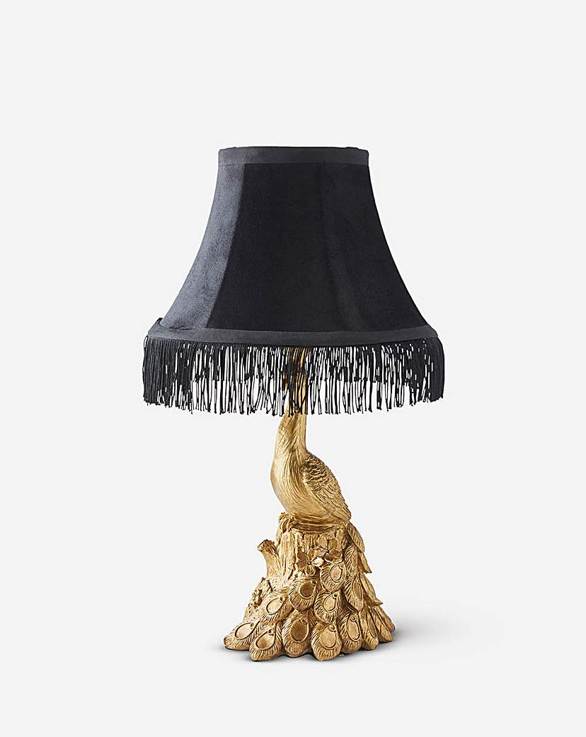 Image of Peacock Resin Lamp with Fringe Shade