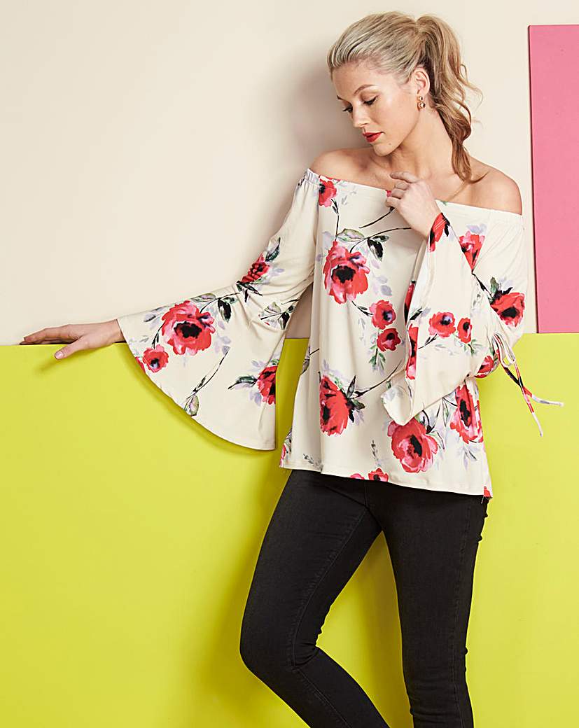 Ivory Print Flared Sleeve Bardot Top Ivory Print Flared Sleeve Bardot Top