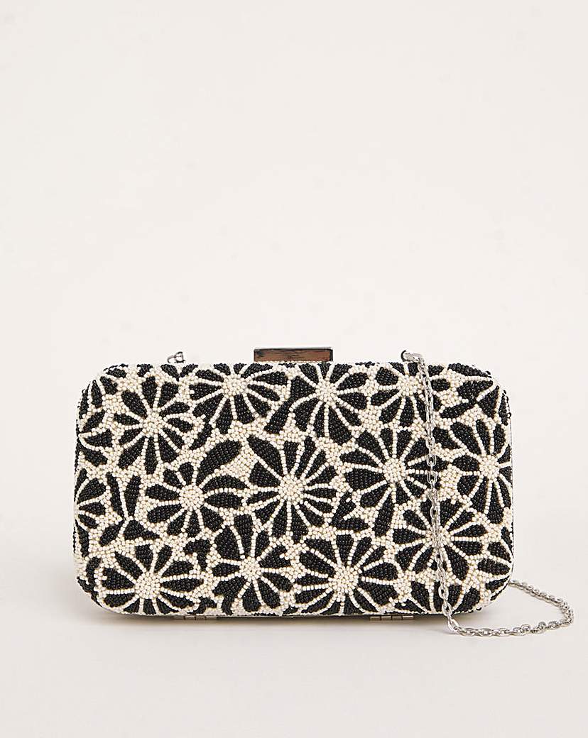 Black & White Floral Beaded Clutch Bag