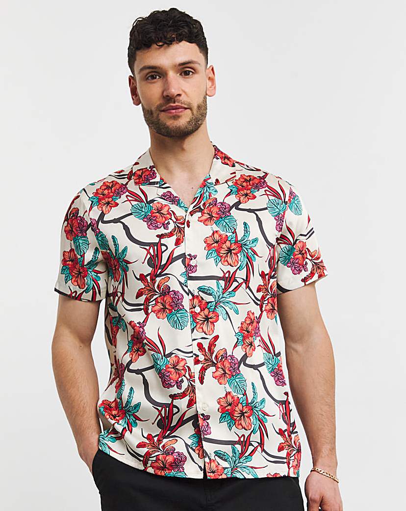 Coral Floral Print Cuban Collar Shirt