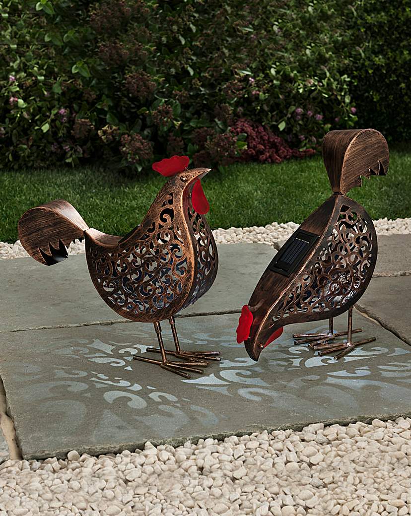 Set of Two Metal Hen Solar Lights Set of Two Metal Hen Solar Lights