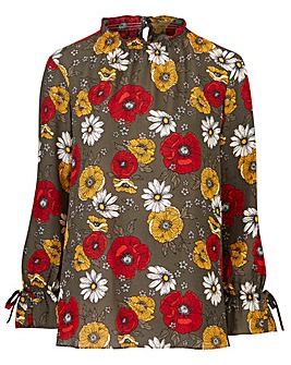 Khaki Print High Neck Blouse