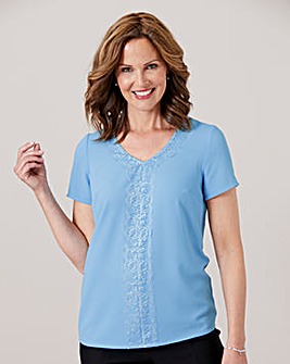 Bubble Crepe Shell Top with Lace Trim
