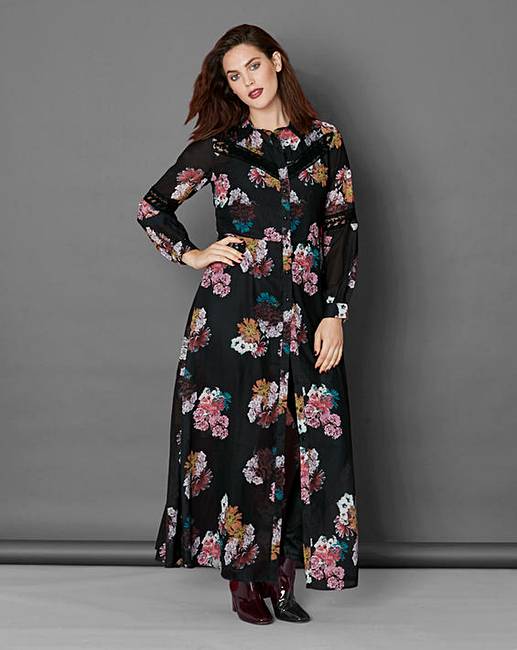 Simply Be Black Floral Maxi Shirt Dress | Simply Be