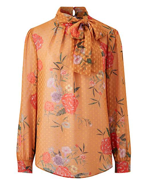 Mustard Print Dobby Pussy Bow Blouse | J D Williams