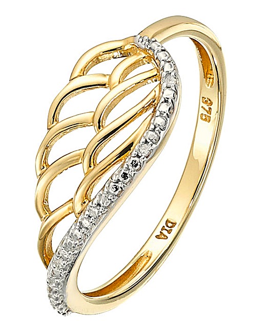 9 Carat Gold Diamond Set Angel Wing Ring | Simply Be