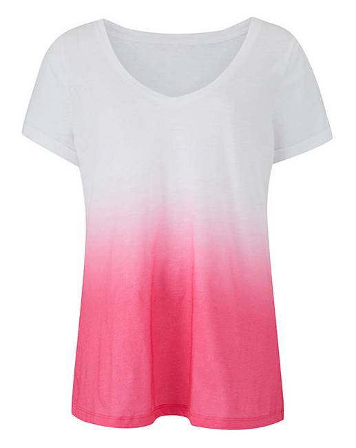 Pink Ombre Dip Dye V Neck T-Shirt | Simply Be