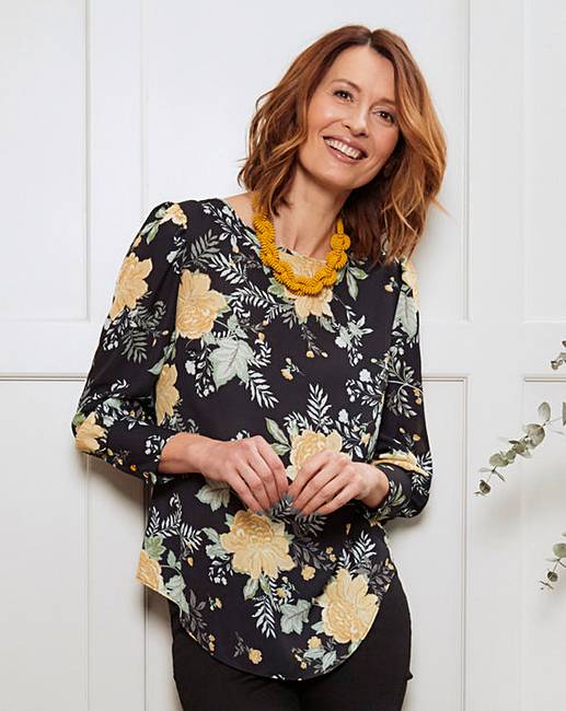 Black Print Deep Cuff Long Sleeve Blouse J D Williams