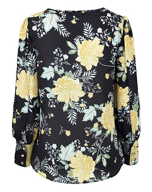 Black Print Deep Cuff Long Sleeve Blouse | J D Williams