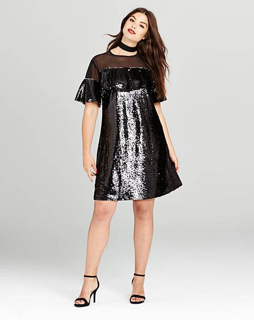 Simply Be Black Ruffle Sequin Dress | Simply Be