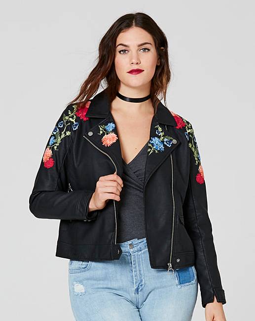 Embroidered PU Biker Jacket | Simply Be