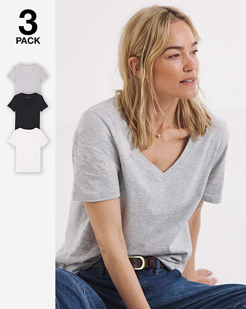 Image of JD Williams 3 Pack V Neck Short Sleeve T-Shirt Black/White/Grey - JD Williams - Size: 20 Black/White/Grey Female 20 AA25606