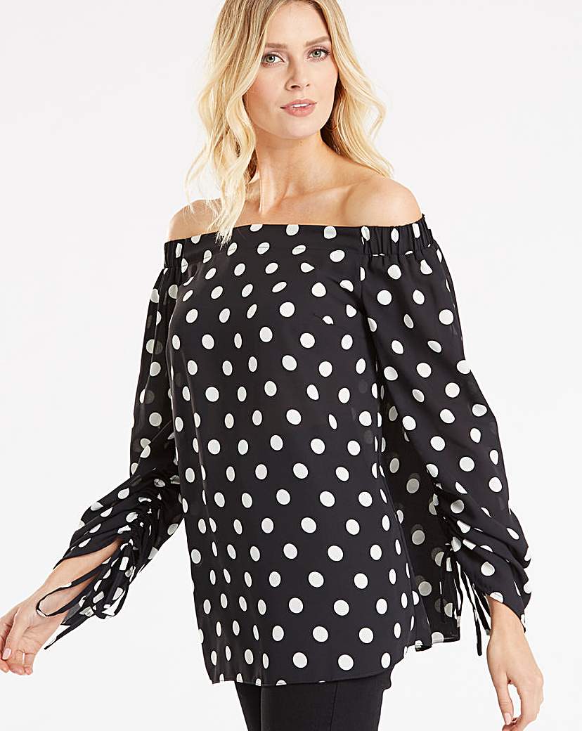 Image of Mono Spot Ruched Sleeve Bardot Top