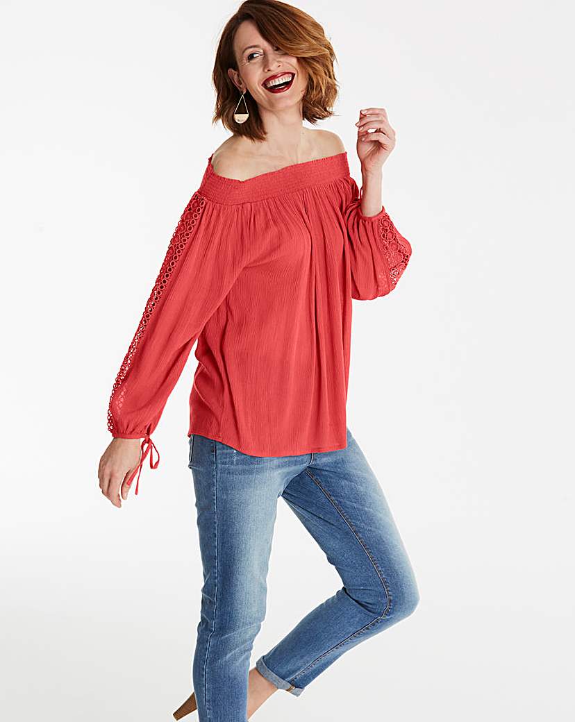 Image of Burnt Red Embroidered Bardot Crinkle Top