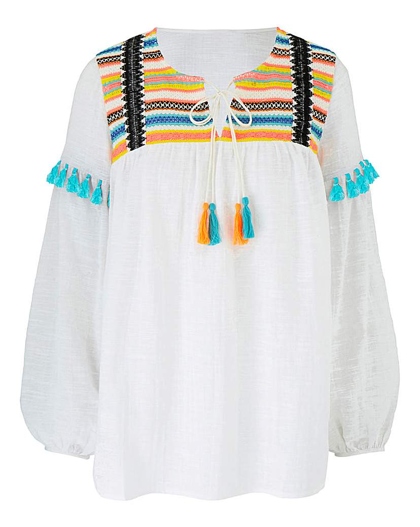 Image of White Embroidered Tie Front Smock Top