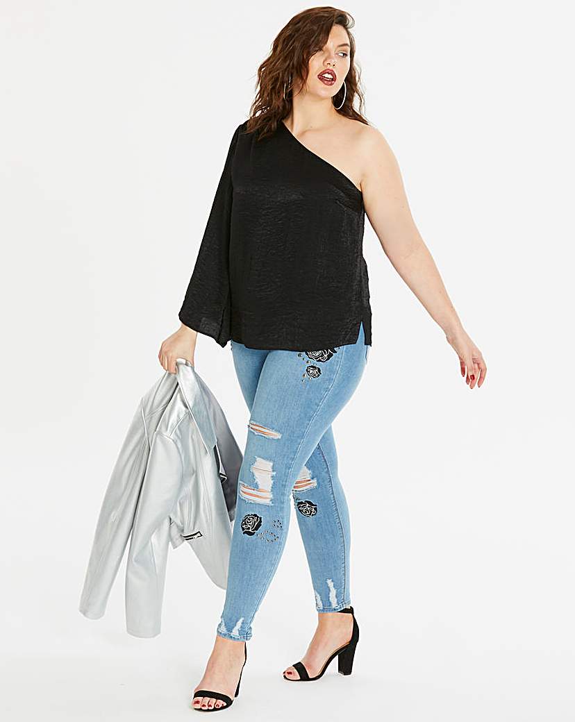 Black One Shoulder Wide Sleeve Top