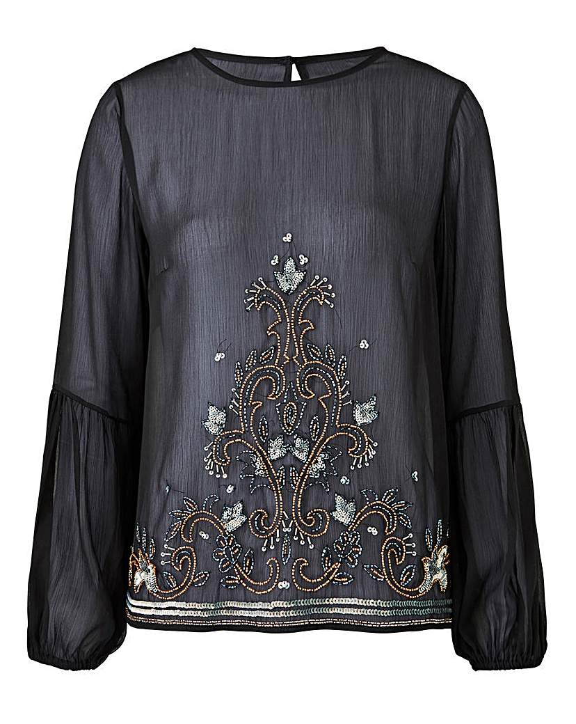 Image of Black Embellished Peasant Sleeve Blouse