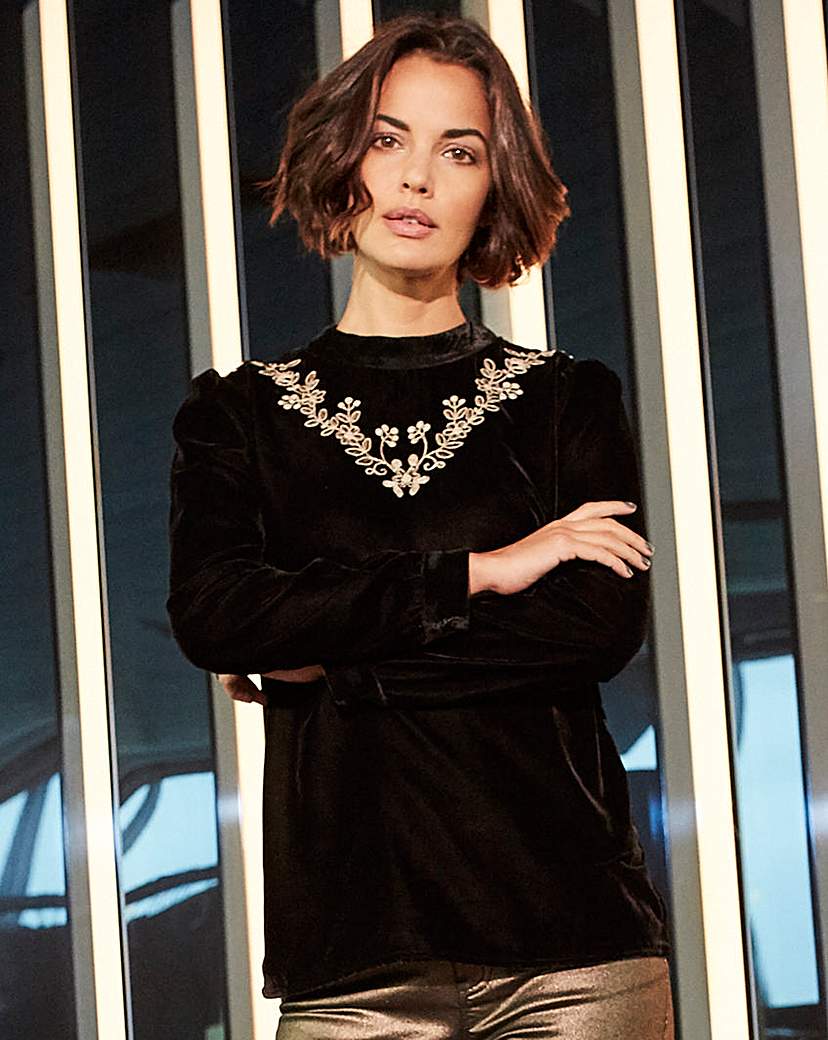 Image of Black Velvet Embroidered High Neck Top