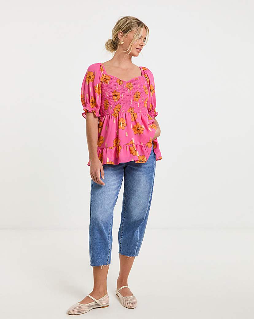Foil Print Floral Shirred Peplum Top