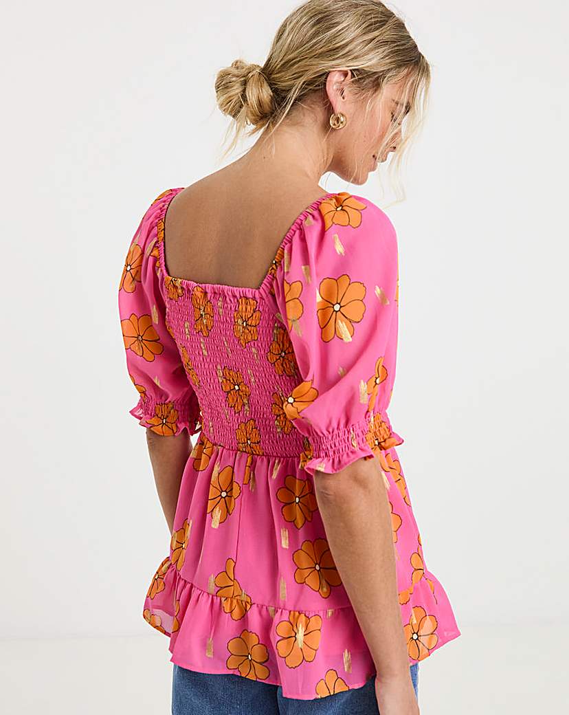Foil Print Floral Shirred Peplum Top