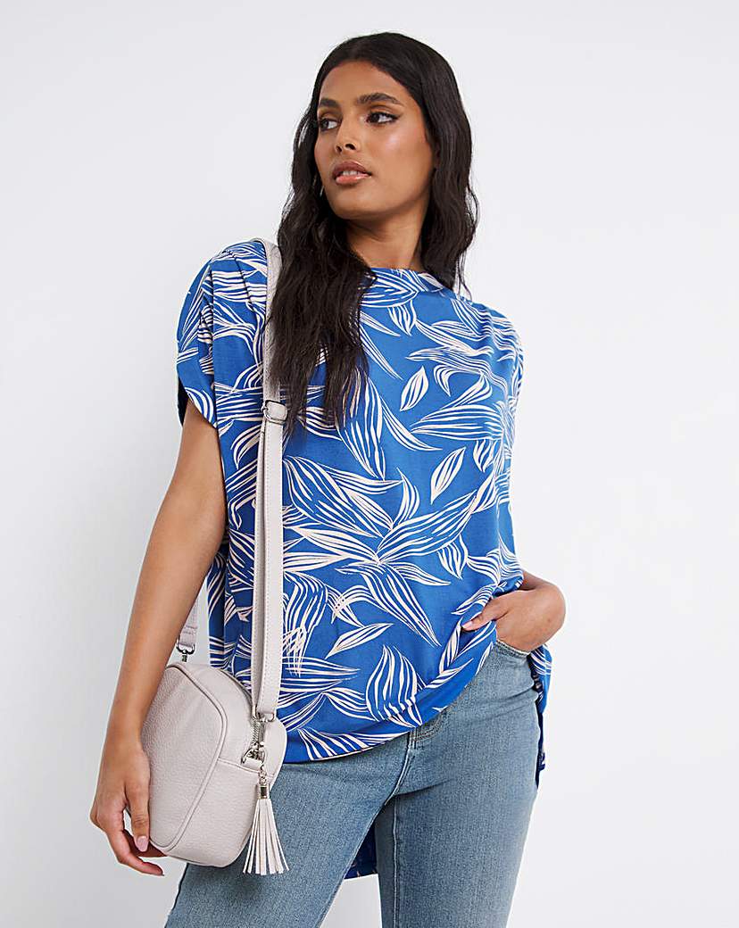 Blue Leaf Print Ruched Shoulder Tunic