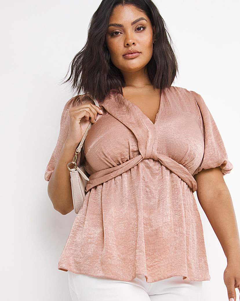Pink Velvet Satin Twist Front Blouse - Blush