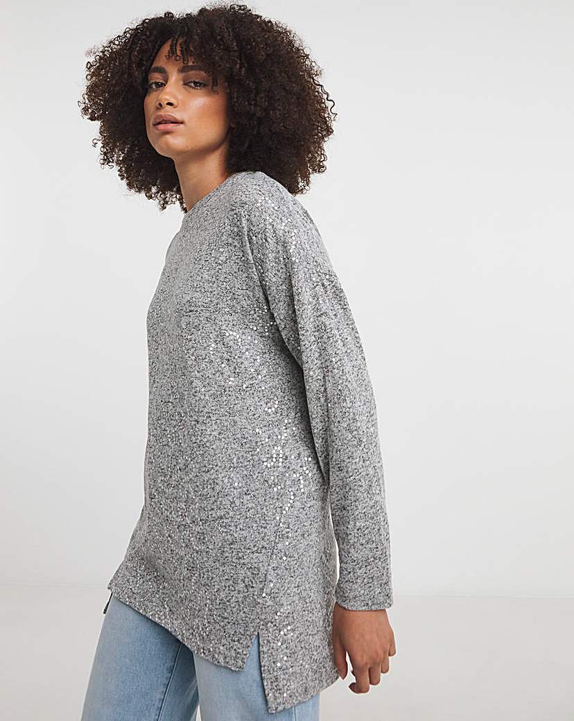 Grey Sequin Knit Look Split Hem Tunic