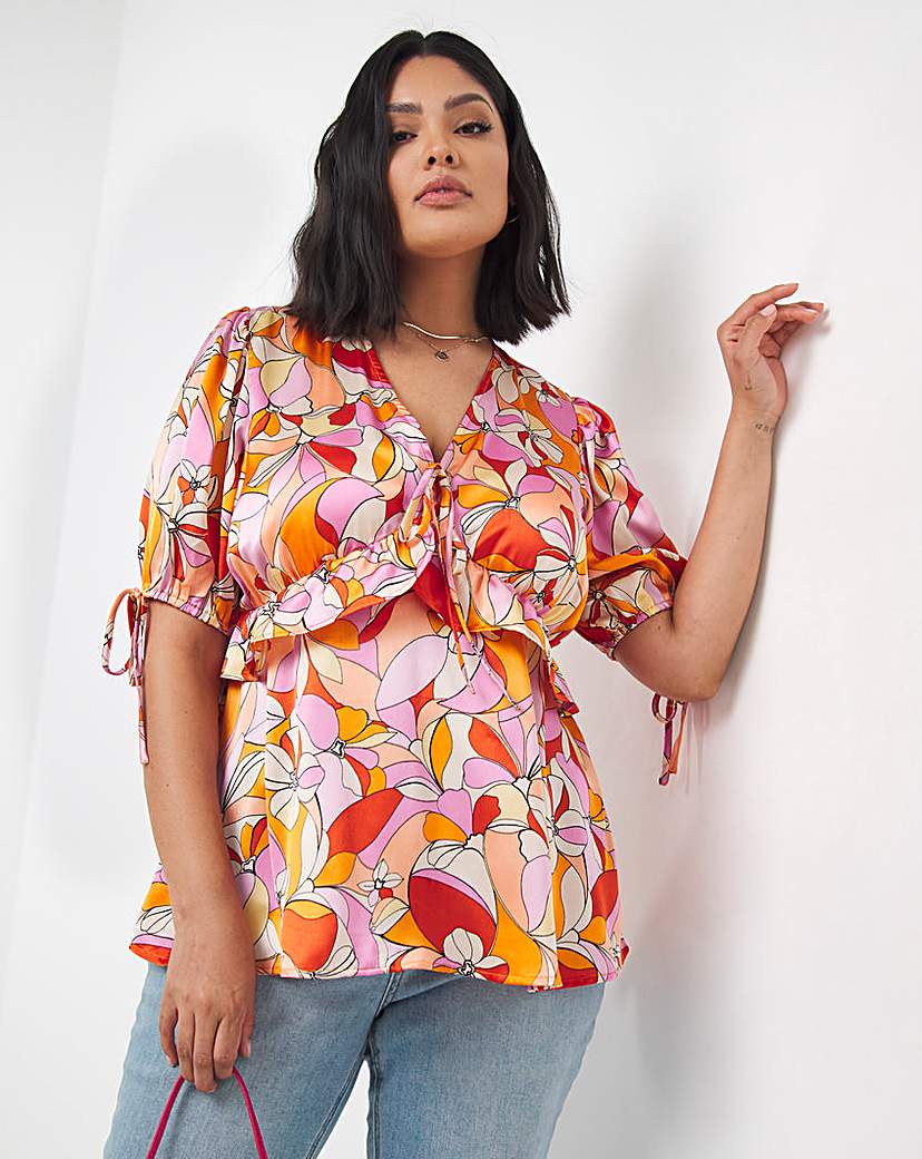 Retro Floral Print Satin Ruffle Blouse