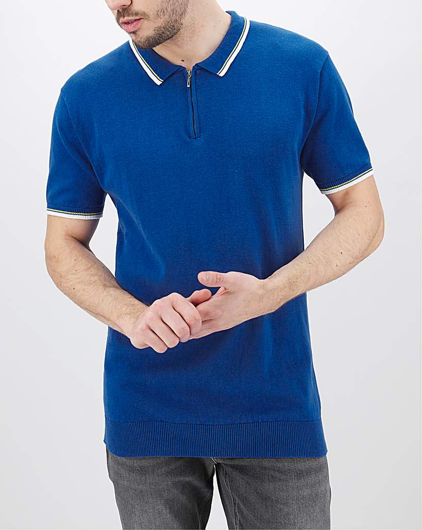 Image of Blue Zip Neck Short Sleeve Polo Long