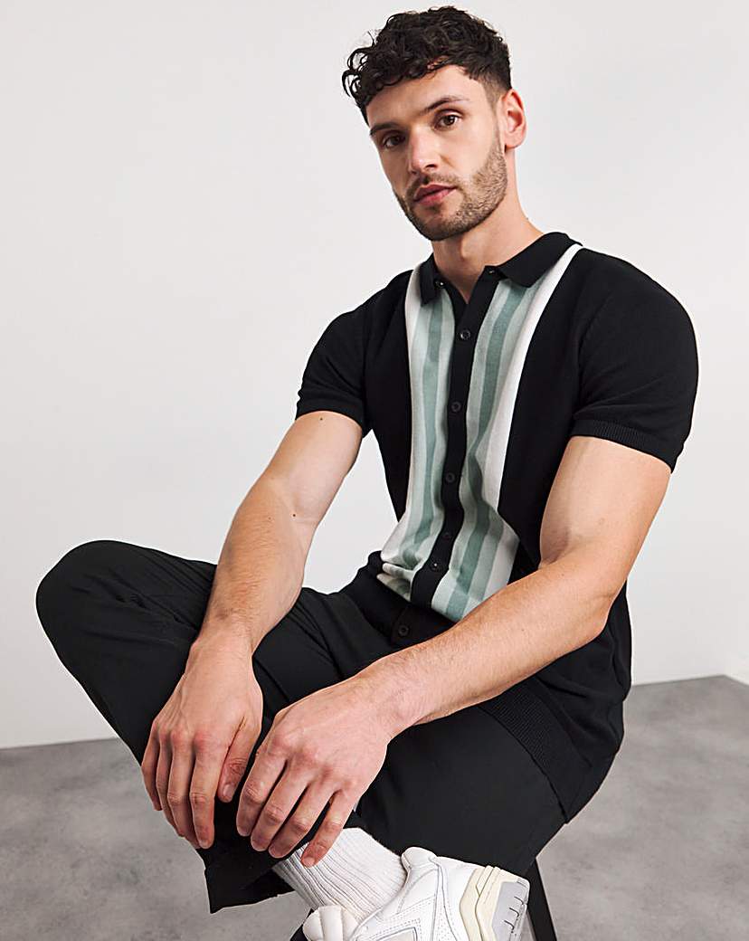 Button Through Vertical Stripe Knit Polo