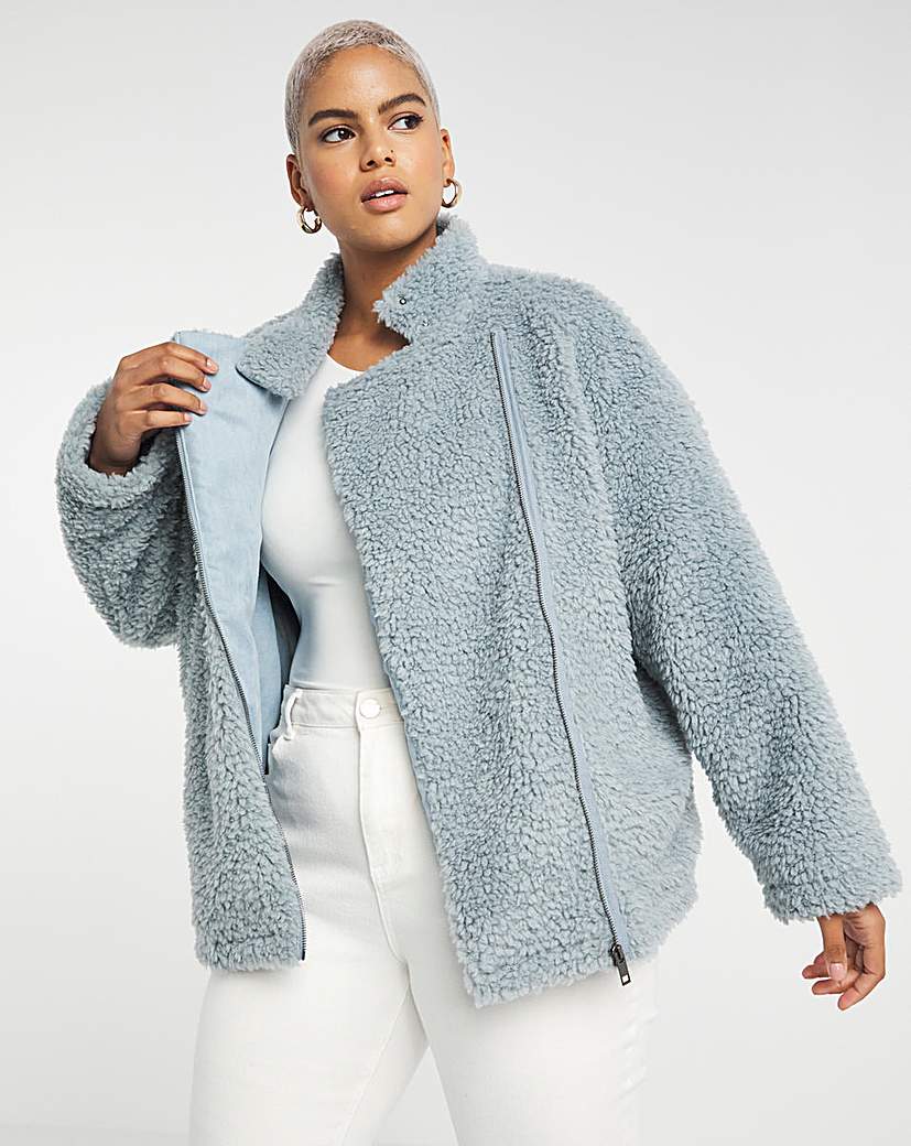 Dusky Blue Faux Fur Teddy Biker Jacket - Dusky Blue