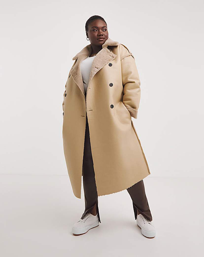 Simply Be - Reversible Fur Longline PU Coat - Sand