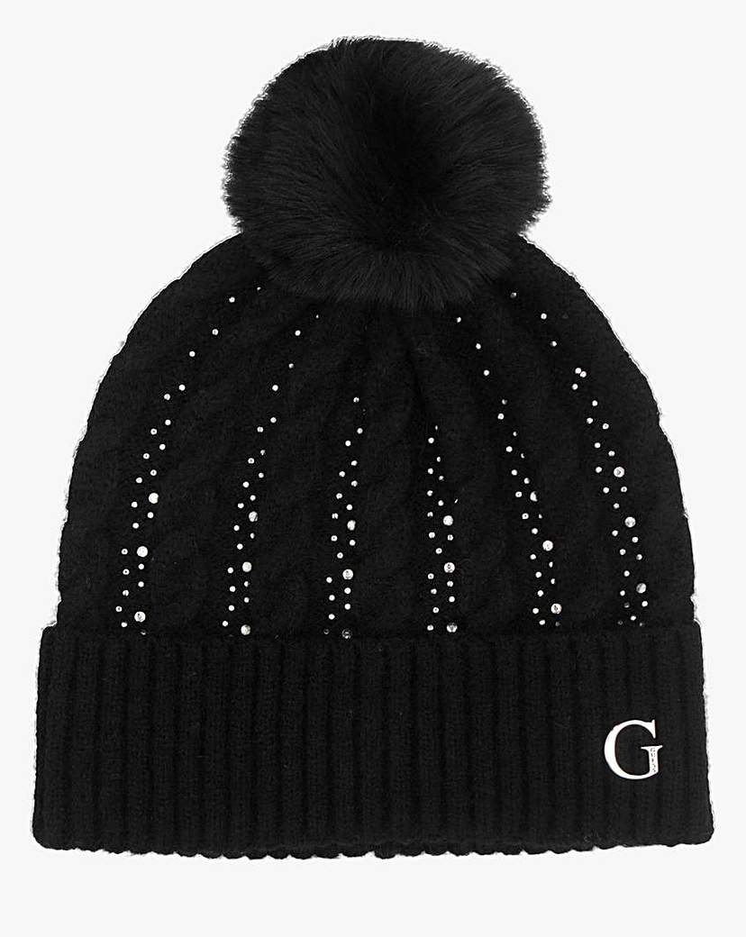 Guess Knitted Diamante Pom Pom Beanie Black …