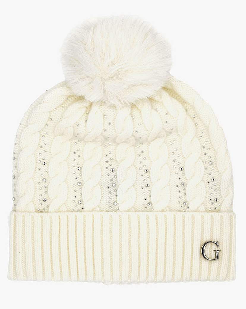 Guess Knitted Diamante Pom Pom Beanie Cream …
