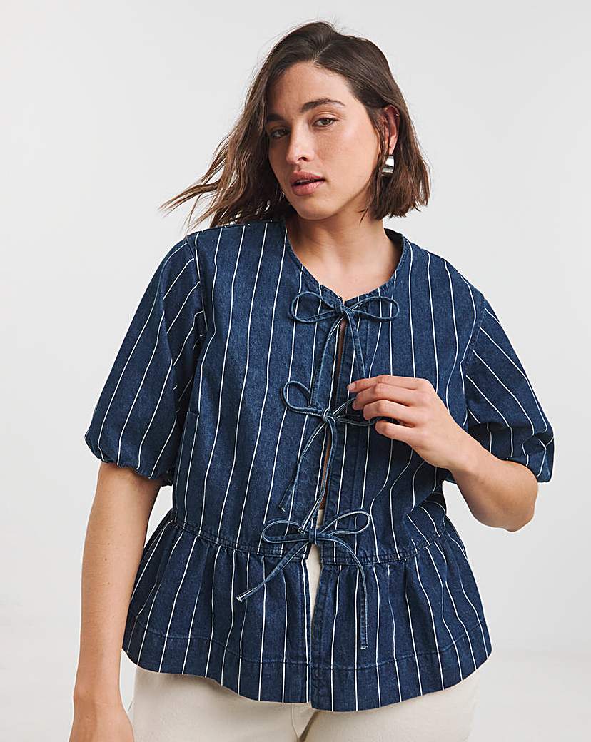Striped Blue Tie Front Peplum Blouse