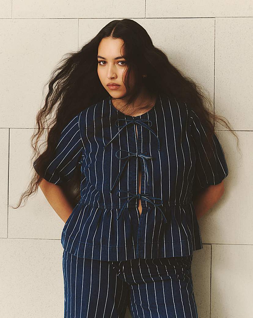 Striped Blue Tie Front Peplum Blouse