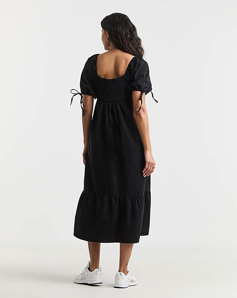 Black Midi Shirred Smock Dress