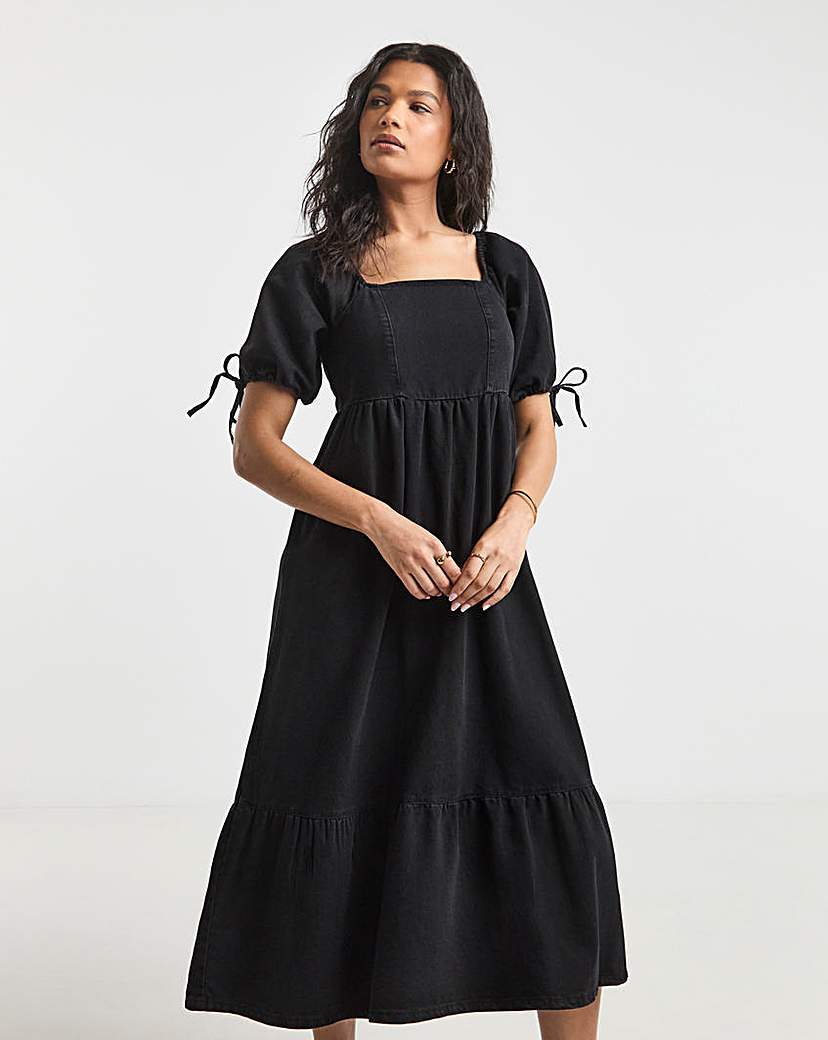 Black Midi Shirred Smock Dress