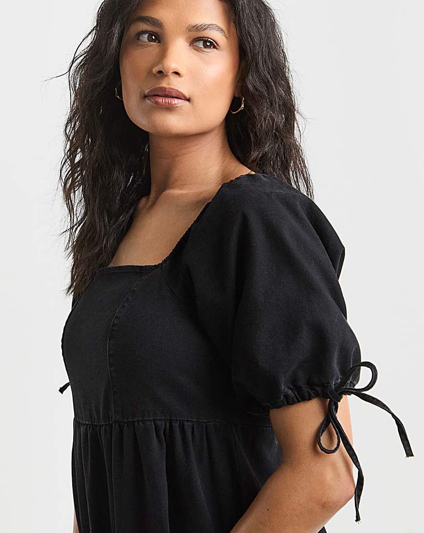 Black Midi Shirred Smock Dress