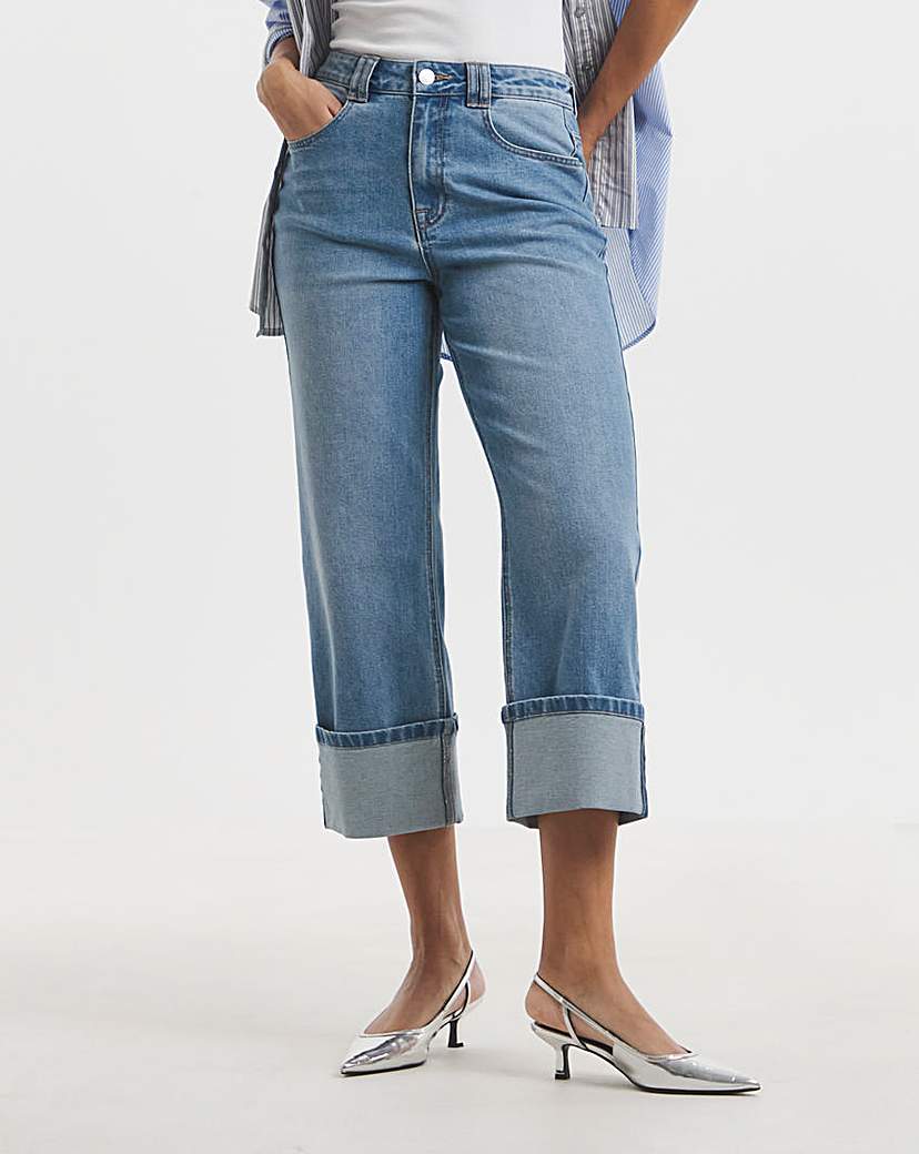 Mid Blue Cropped Turn Up Wide Leg Jean