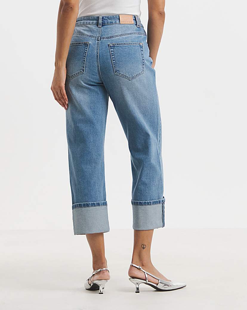 Mid Blue Cropped Turn Up Wide Leg Jean