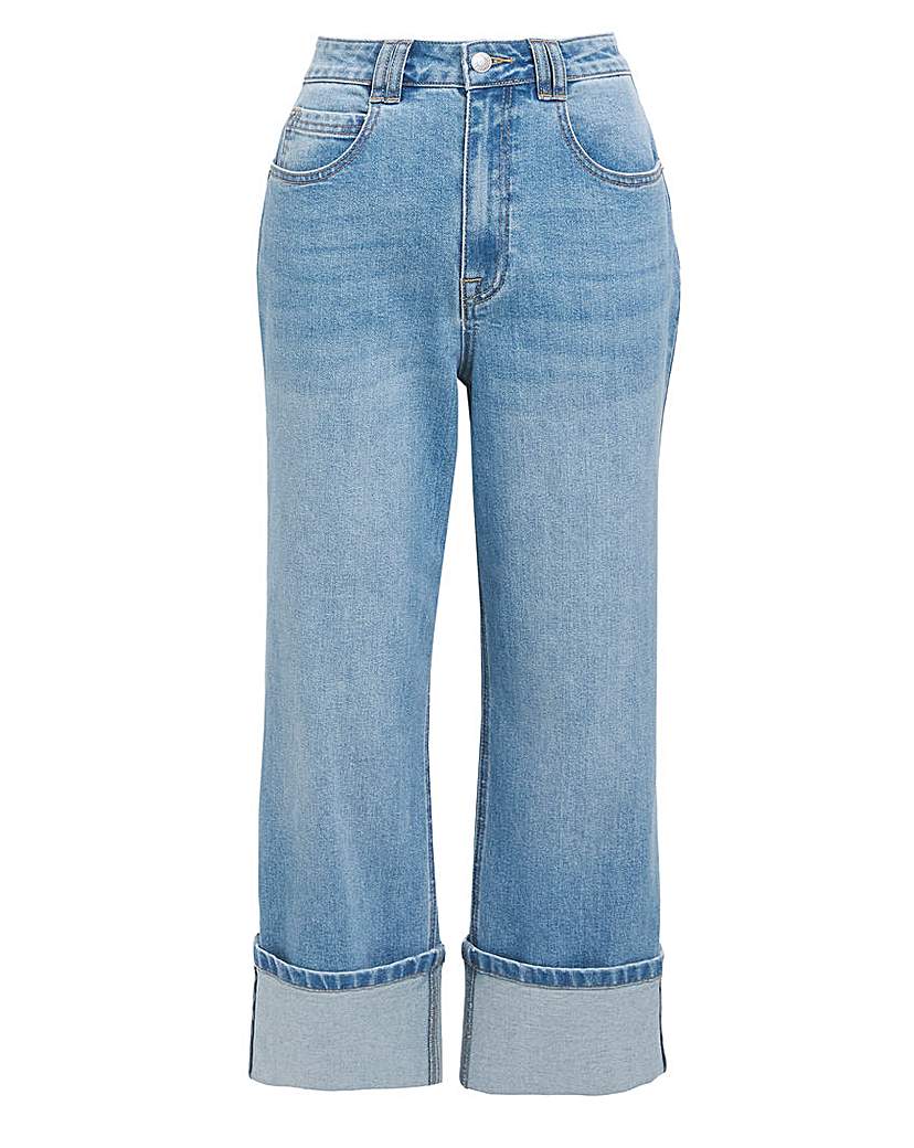 Mid Blue Cropped Turn Up Wide Leg Jean
