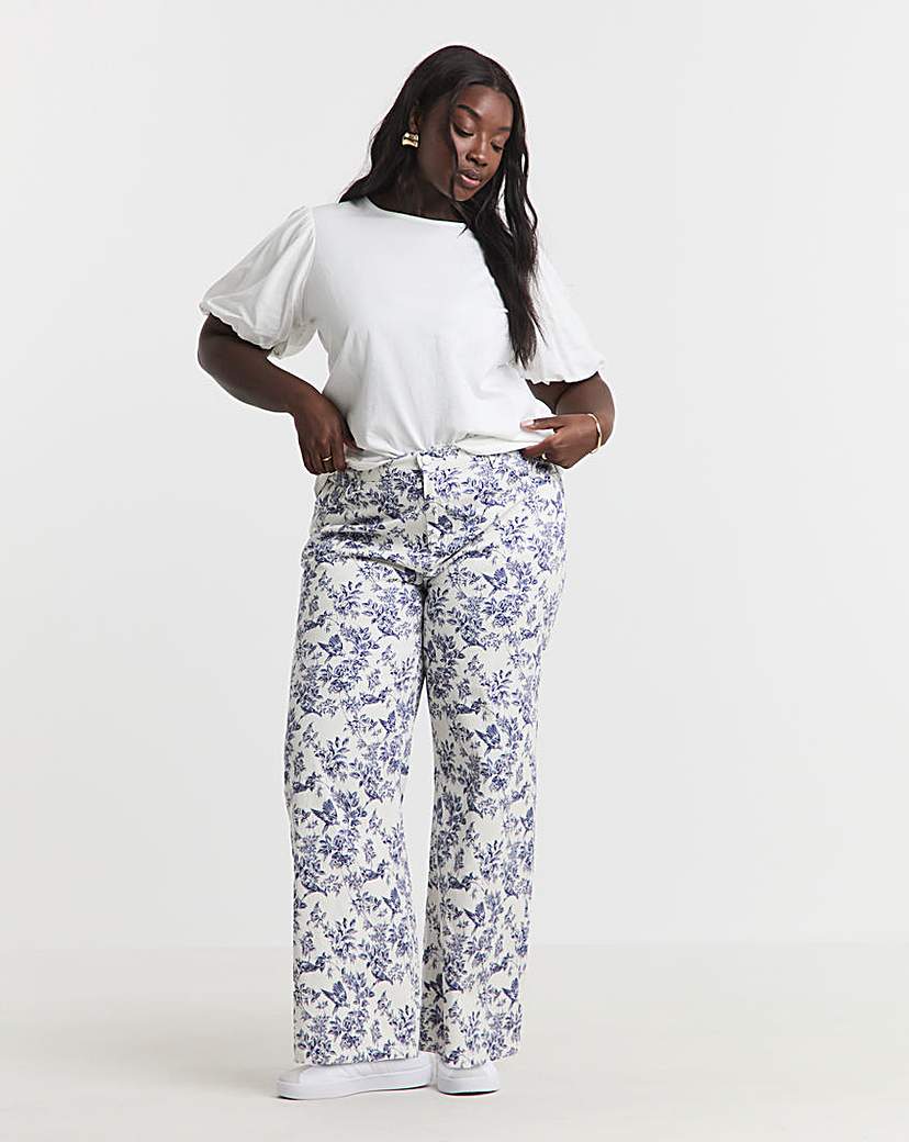 Blue Floral Printed Denim Wide Leg Jeans