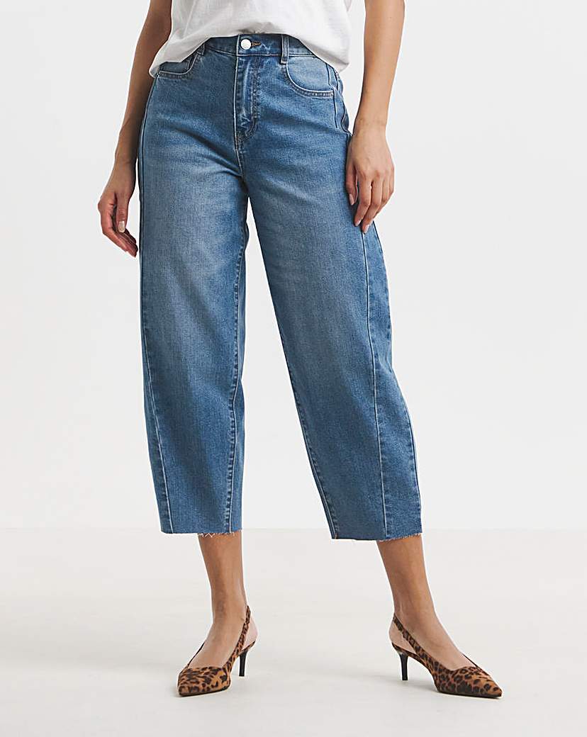 Mid Blue Cropped Barrel Leg Jeans