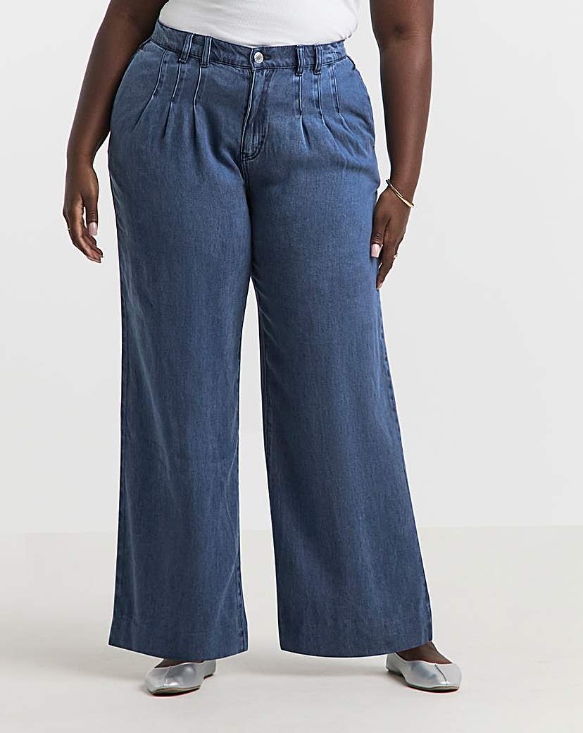 Mid Blue Pleat Detail Wide Leg Jeans