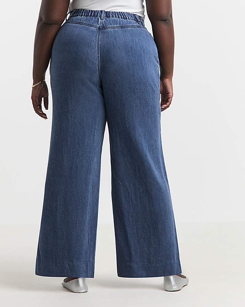 Mid Blue Pleat Detail Wide Leg Jeans