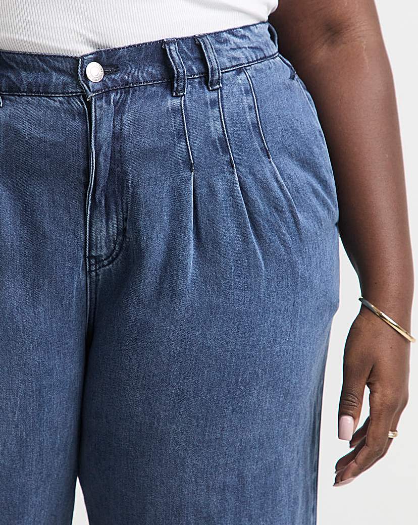 Mid Blue Pleat Detail Wide Leg Jeans