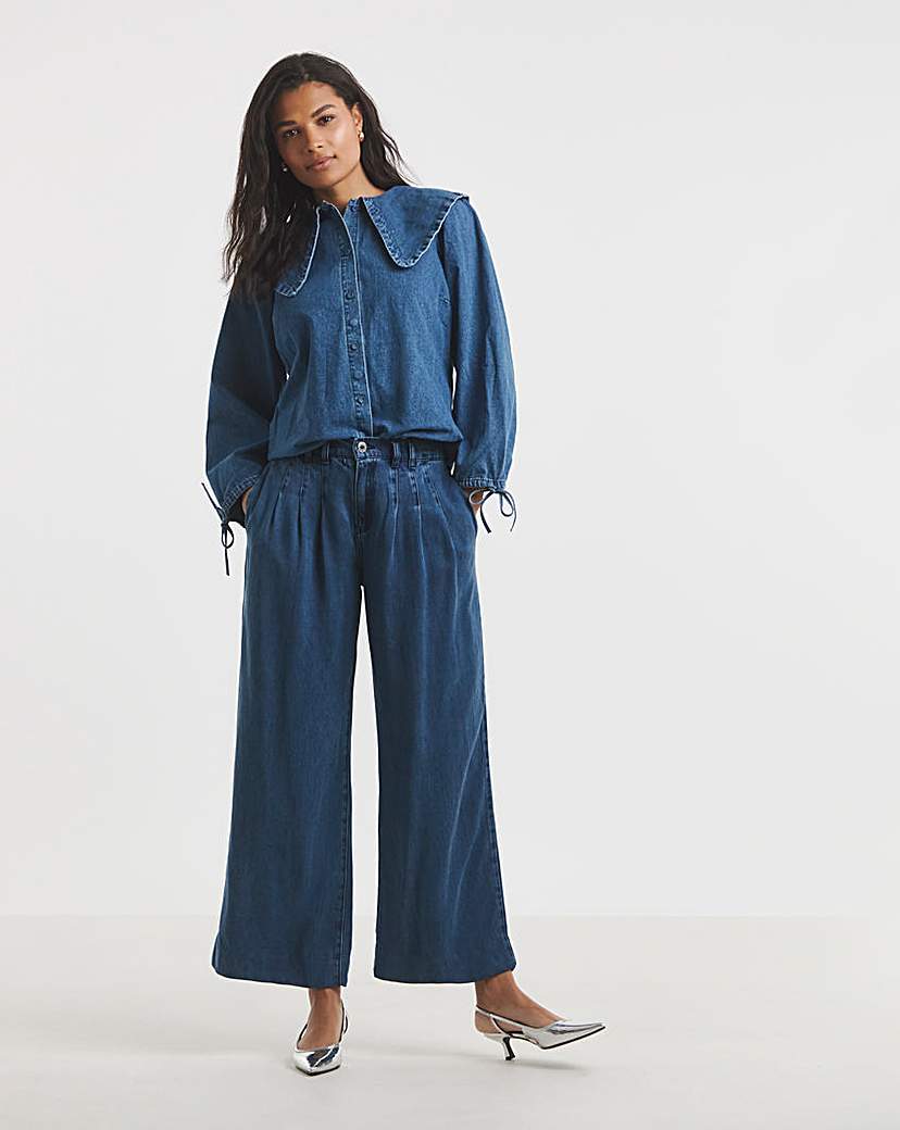 Mid Blue Pleat Detail Wide Leg Jeans