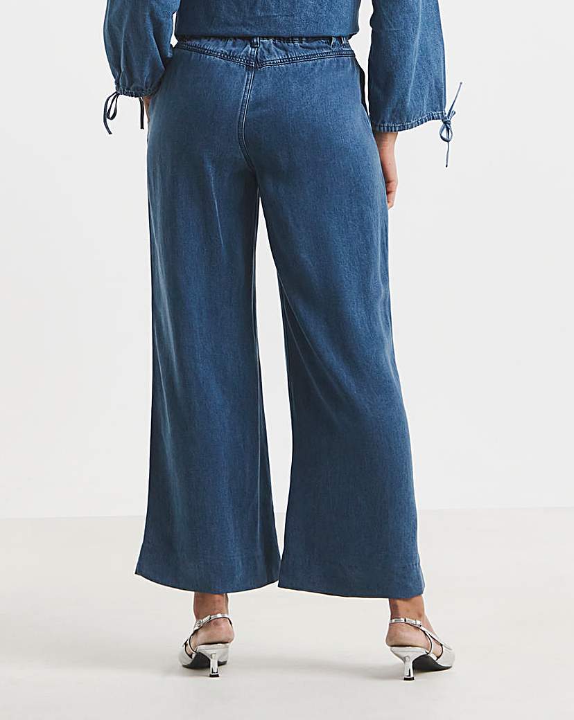 Mid Blue Pleat Detail Wide Leg Jeans